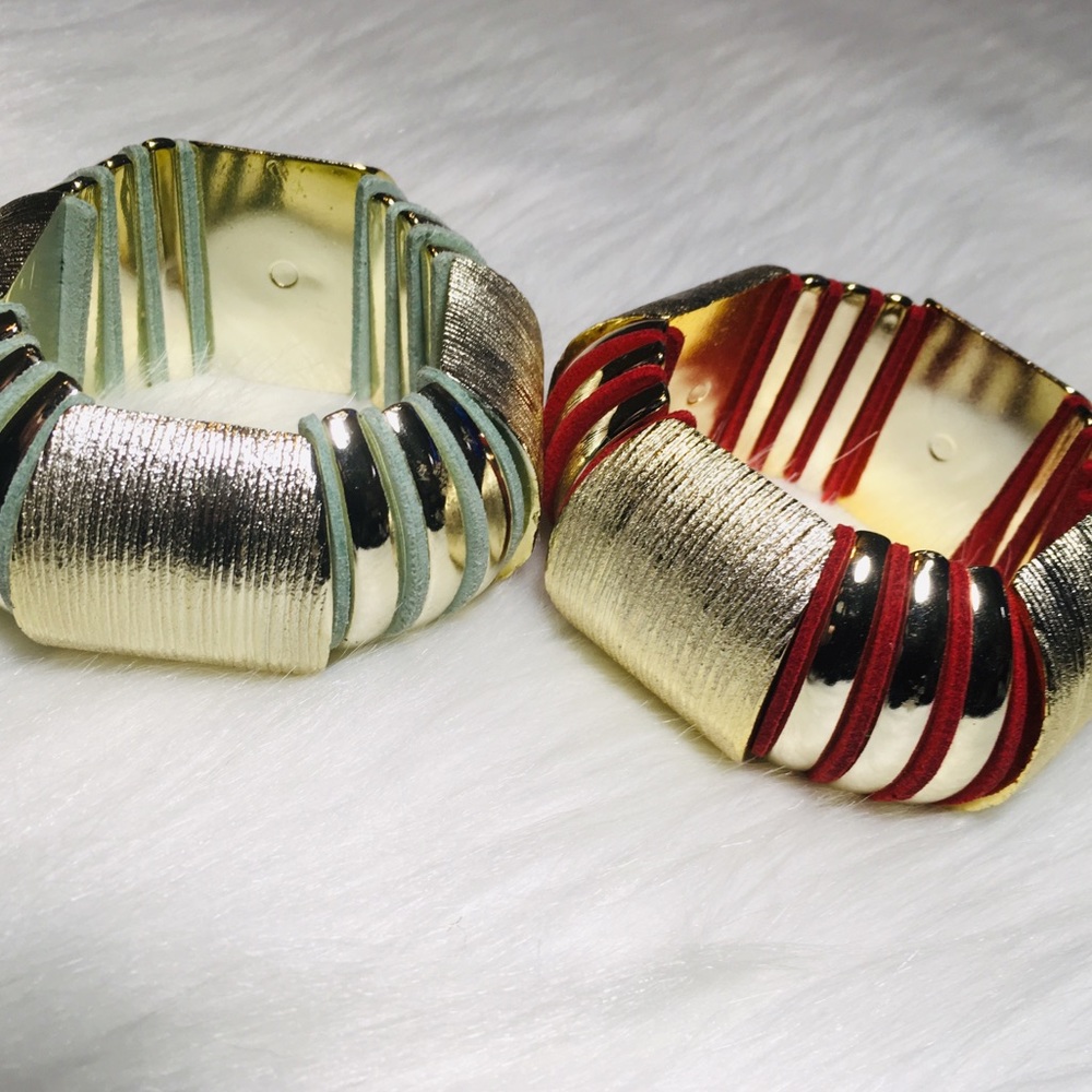 2 Chunky Bangle Vintage Suede 1980’s Bracelets Set - Picture 2 of 8